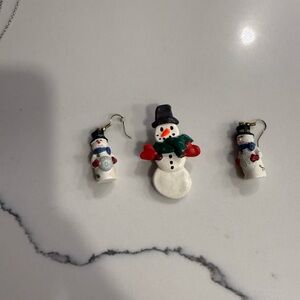 Christmas Snowman Brooch Pin and  dangle snowman earrings  Snowman